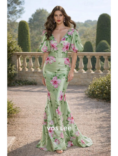 Floral Short Sleeve V Neck Mermaid Floor Length Evening Gown  with Floral Print