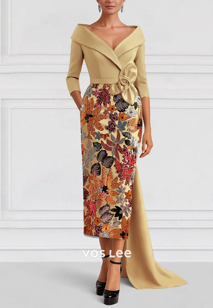 Elegant Beading Sequins Flower Half Sleeve Sheath Evening Gown with Train mother Dress