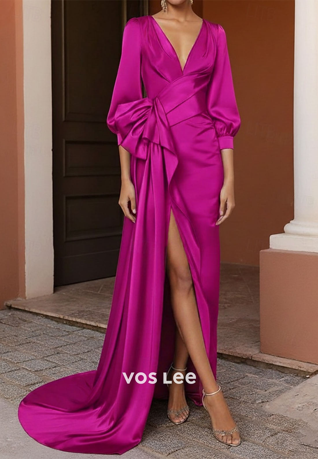 Fashion Long Sleeve V Neck Evening Gown with Pleats Ruched Slit