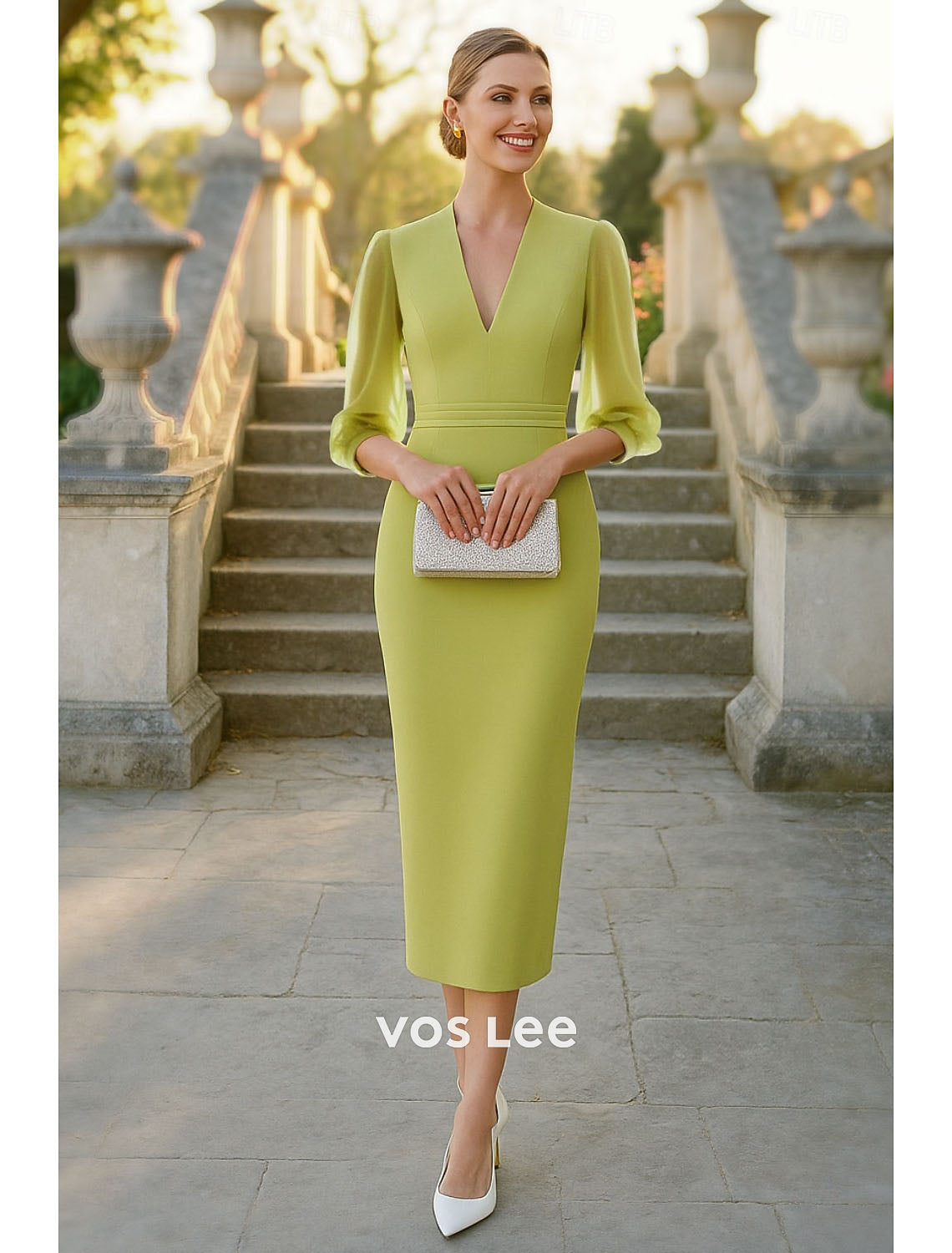 Lavender Sheath Wedding Guest Dress V-Neck Sheer Chiffon Sleeve Midi Dres