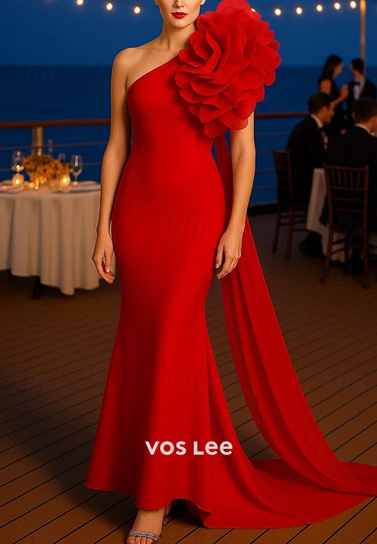 Elegant Sleeveless One Shoulder Garden Party Wedding Organza with Shouder Flower