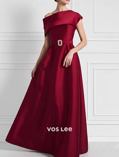 Elegant Red Satin Evening Gown | Off-the-Shoulder Belted Dress for Wedding Guests & Special Occasions