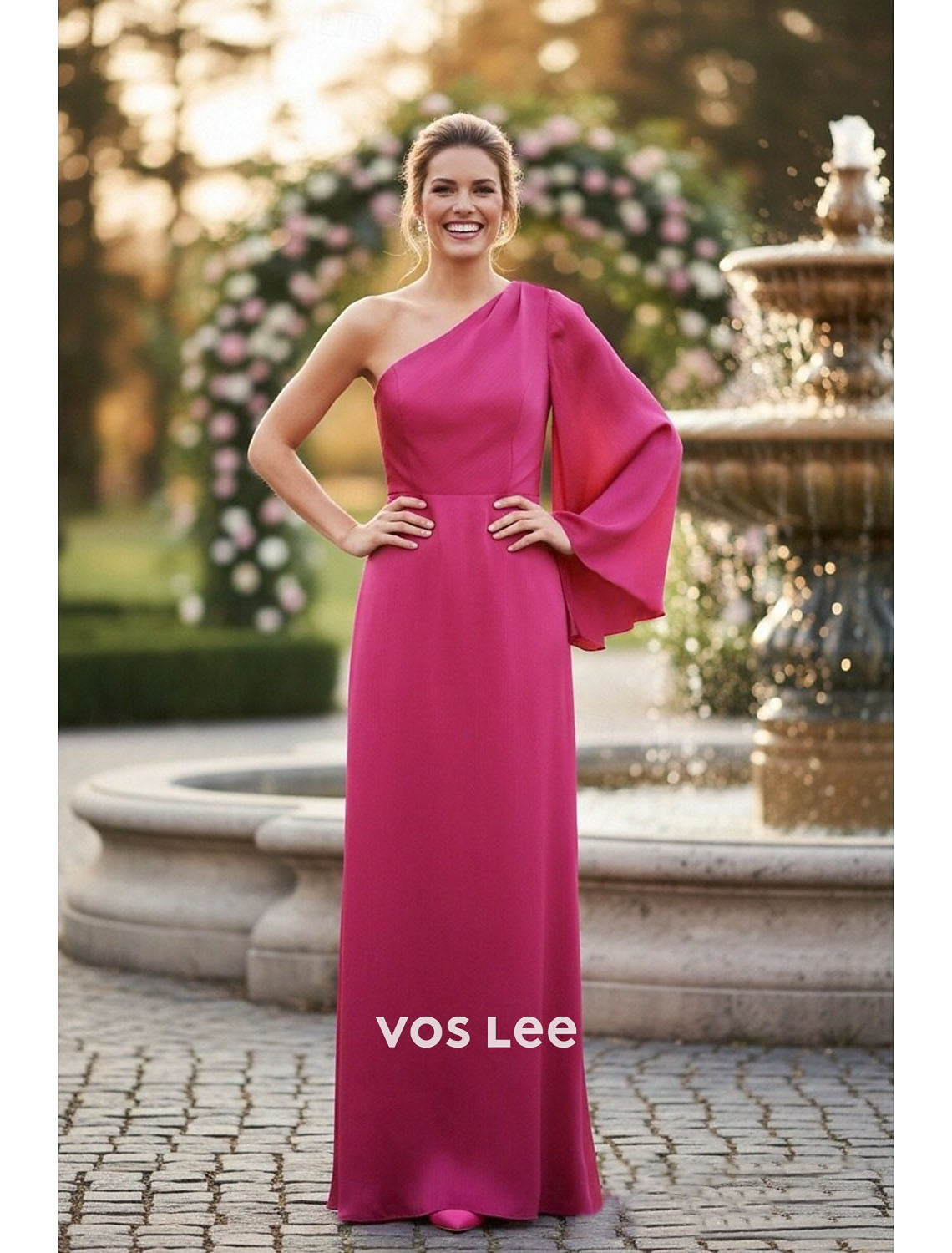Pink One-Shoulder Maxi Dress with Flared Sleeve | Perfect for Weddings & Galas