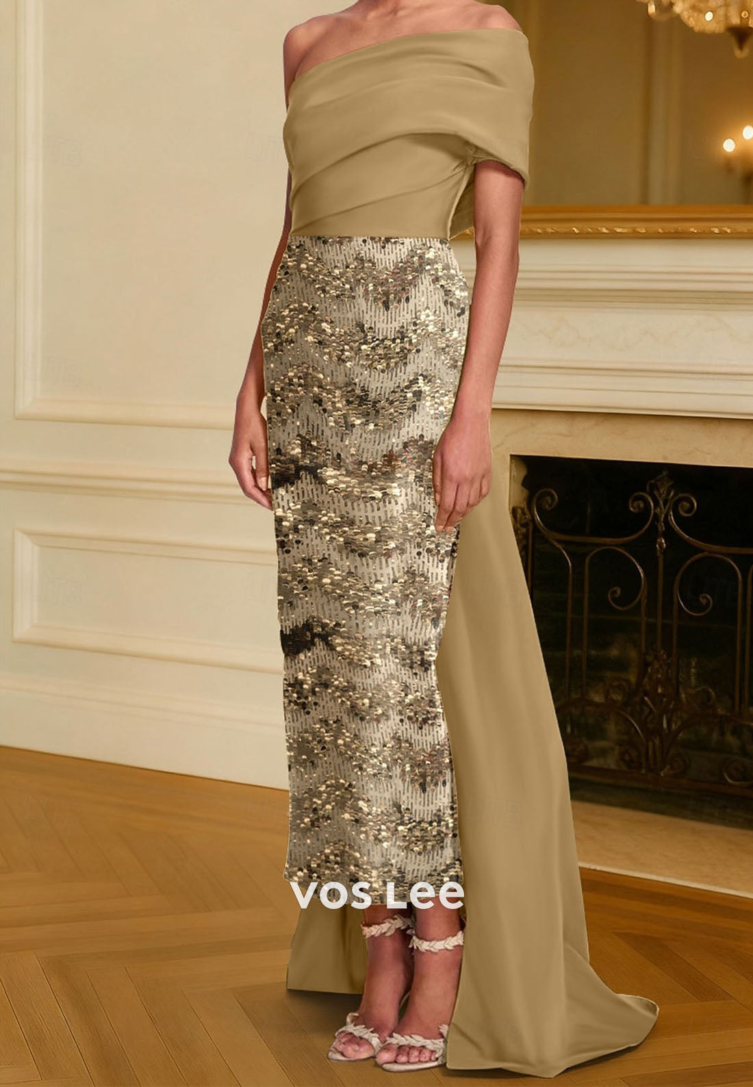 Off Shoulder Sheath Backless Sequins Evening Dress With train