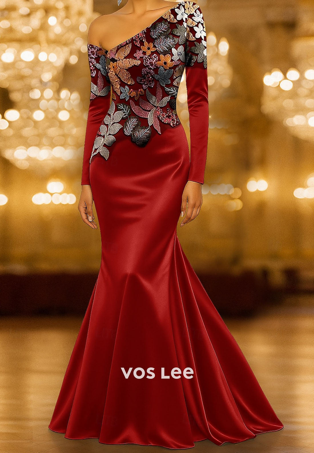 Asymmetrical Neck Long Sleeves Sequined Applique Trumpet Evening Dress