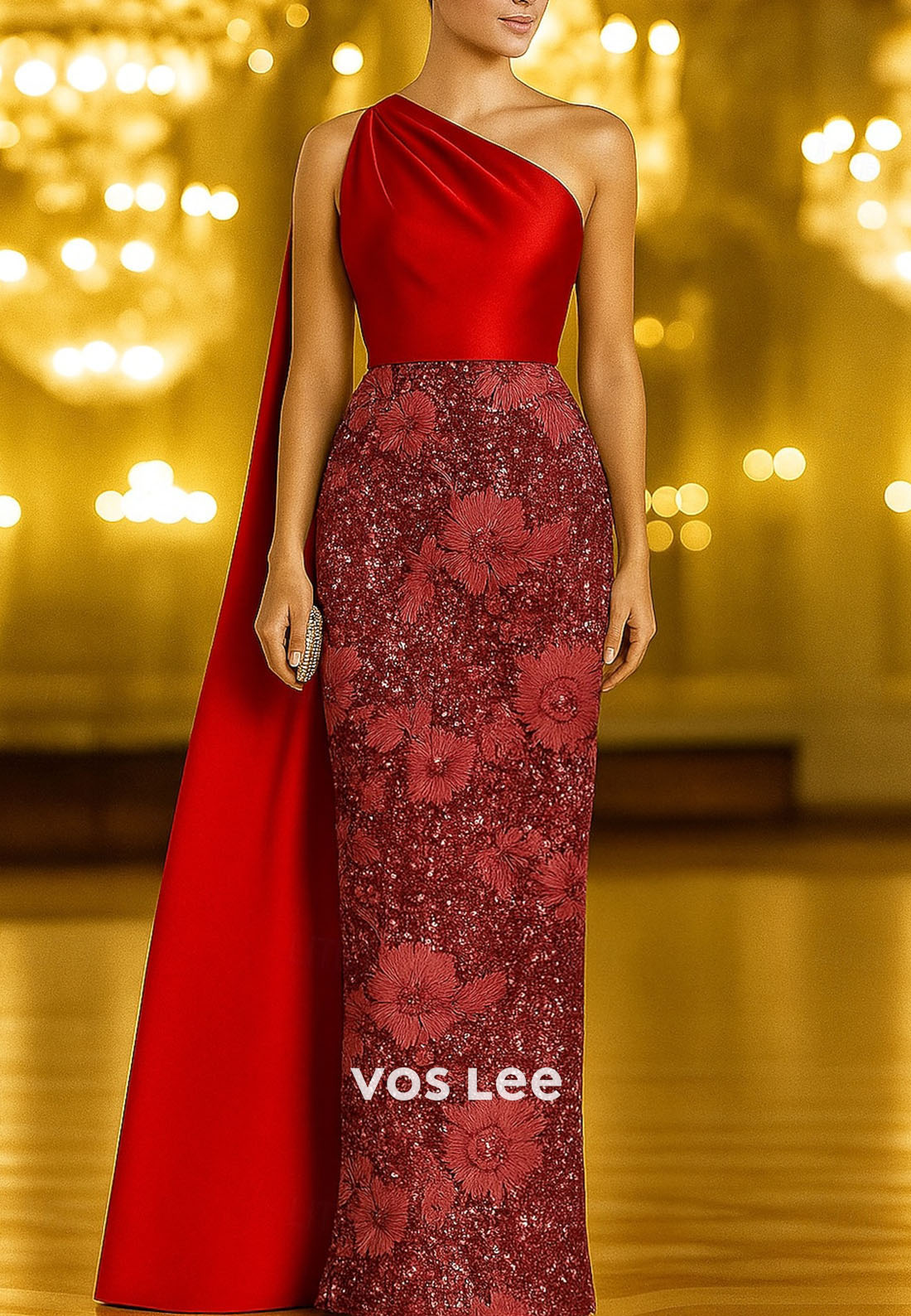 Glitter Embroidery Column One Shoulder Evening Gowns with Stole