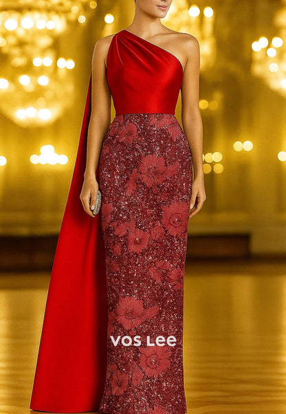 Glitter Embroidery Column One Shoulder Evening Gowns with Stole