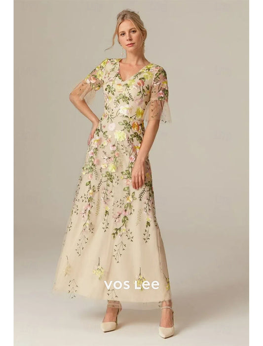 Floral Embroidered Tulle Maxi Dress | V-Neck Short Sleeve Wedding Guest Gown
