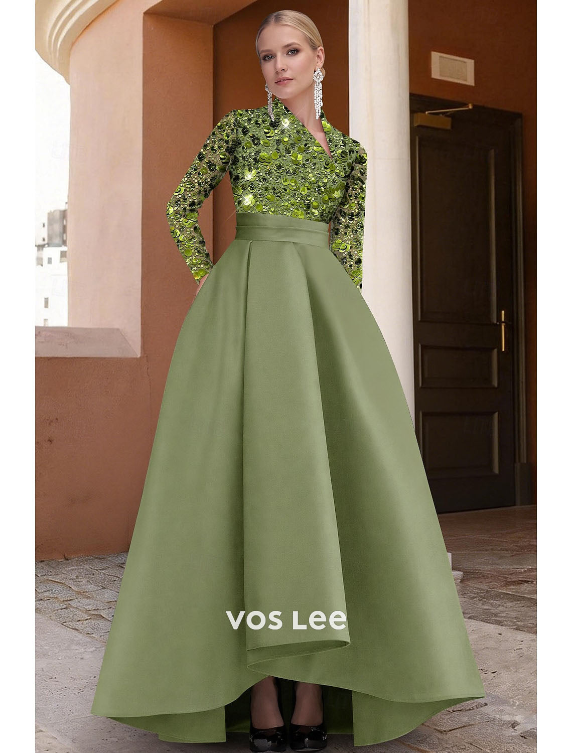 A-Line Asymmetrical Glittering Long Sleeve V Neck Sequined Evening Gown
