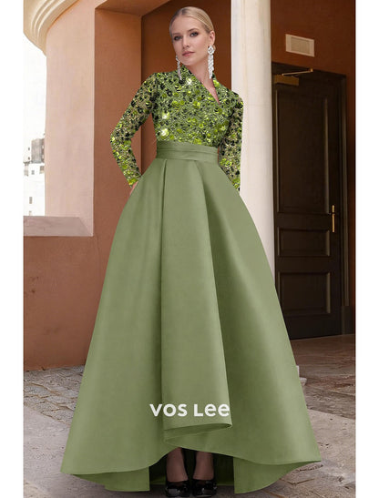 A-Line Asymmetrical Glittering Long Sleeve V Neck Sequined Evening Gown