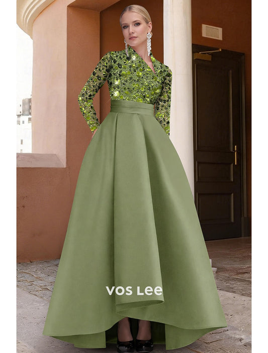 A-Line Asymmetrical Glittering Long Sleeve V Neck Sequined Evening Gown