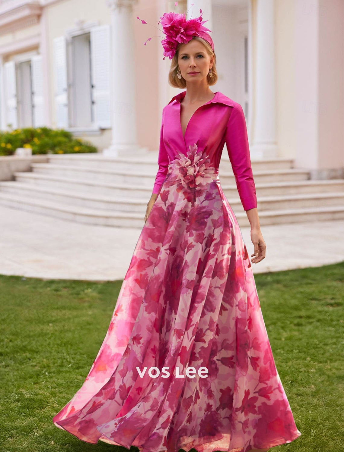 Fuchsia Floral Print A-Line Gown – Satin Collared Formal Dress with 3D Flower Detail