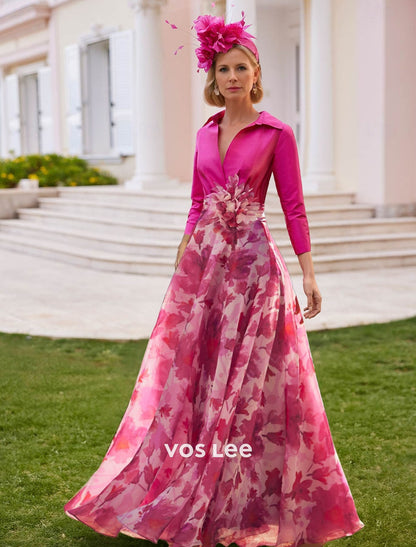 Fuchsia Floral Print A-Line Gown – Satin Collared Formal Dress with 3D Flower Detail
