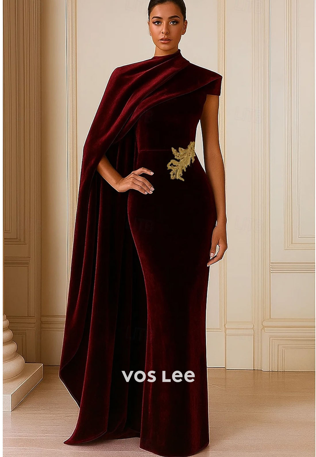 Navy Blue Velvet Evening Gown – One-Shoulder Capelet Formal Dress with Gold Appliqué