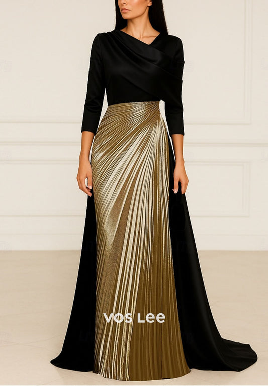 Black Satin Long Sleeves Sheath Evening Dress With Gold Leather Pleat Dress