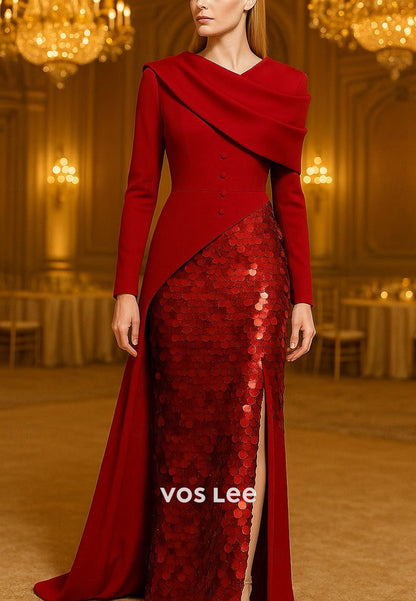Glittering Sequined A-Line Floor Length Split Evening Gown with Overskirt