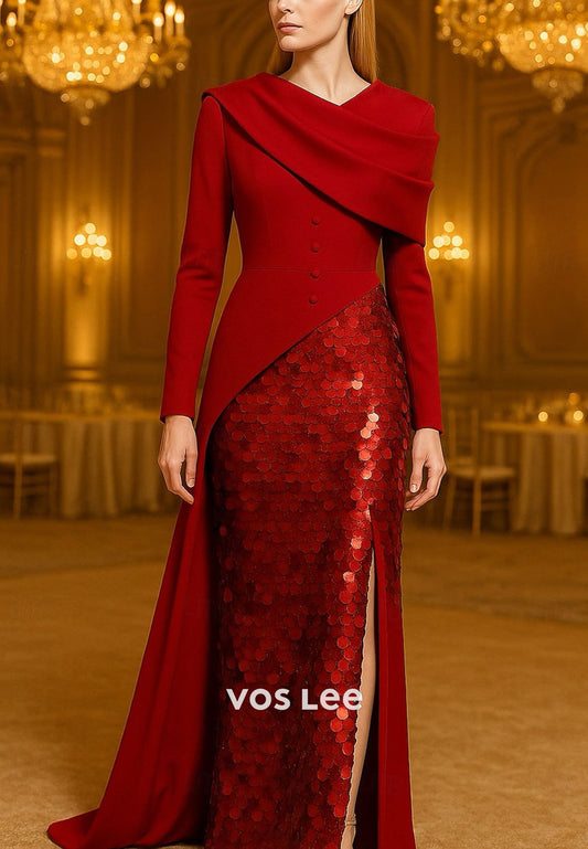 Glittering Sequined A-Line Floor Length Split Evening Gown with Overskirt