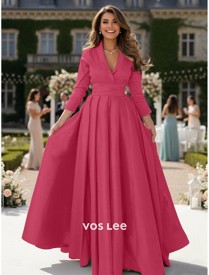 Hot Pink Fit-and-Flare Maxi Dress | Shawl Collar 3/4 Sleeve Formal Gown with Wrap Bodice