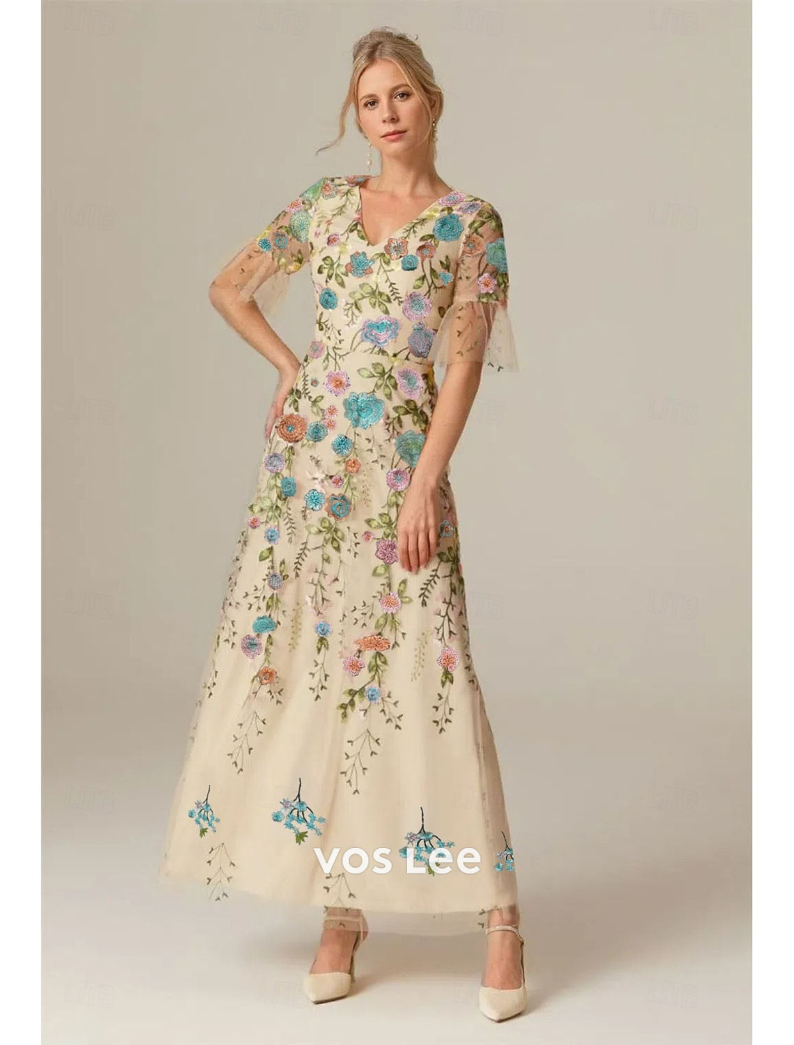 Floral Embroidered Tulle Maxi Dress | V-Neck Short Sleeve Wedding Guest Gown