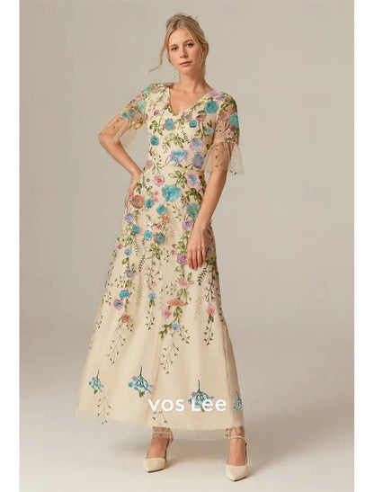 Floral Embroidered Tulle Maxi Dress | V-Neck Short Sleeve Wedding Guest Gown