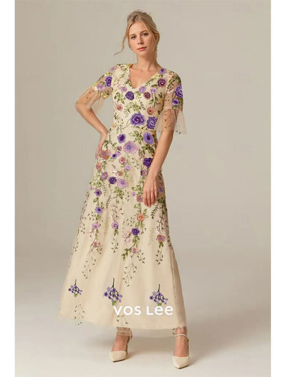 Floral Embroidered Tulle Maxi Dress | V-Neck Short Sleeve Wedding Guest Gown