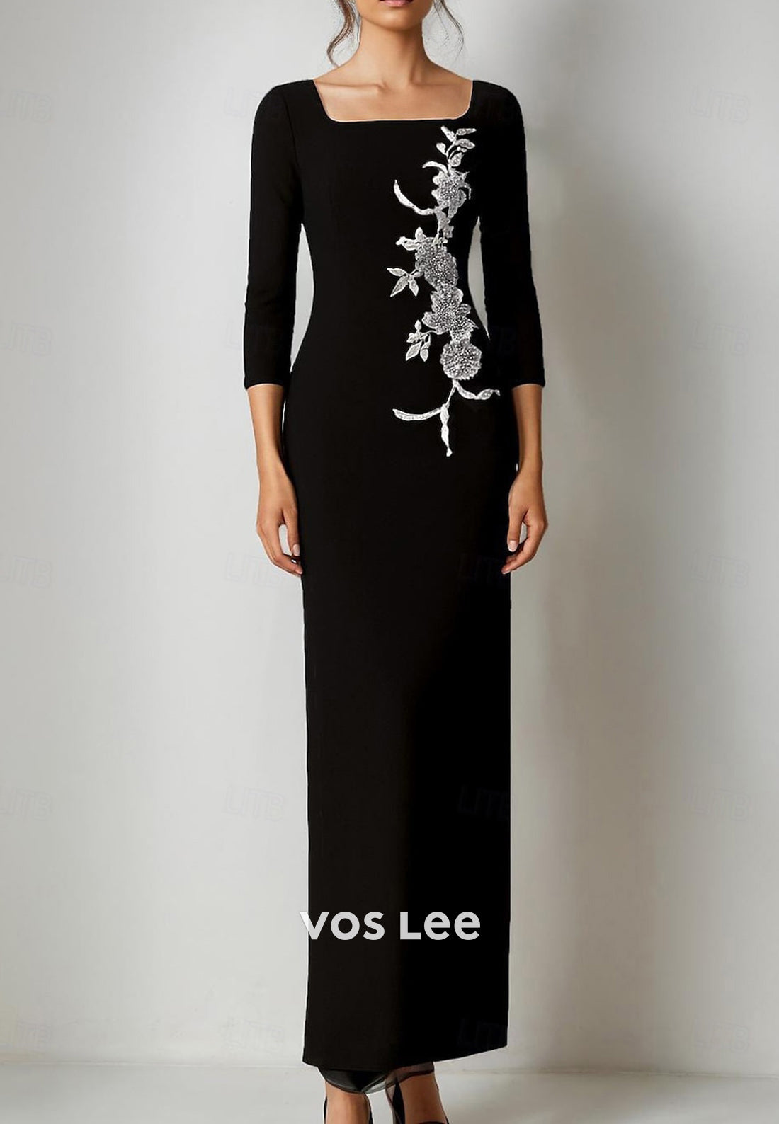 Classic 3/4 Sleeve Square Appliques Sheath Wedding Guest Dresses