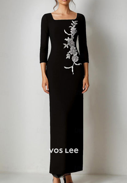 Classic 3/4 Sleeve Square Appliques Sheath Wedding Guest Dresses