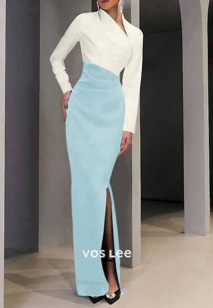 Asymmetrical Neck Long Sleeve Ruched Mermaid Evening Dresses with Side Split