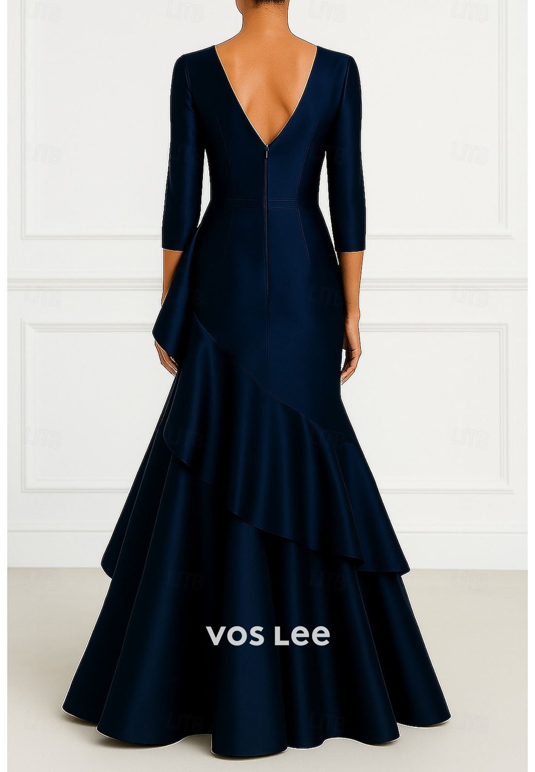 Elegant A-Line Floor Length Long Sleeve V Neck Wedding Formal Satin with Pleats Ruffles