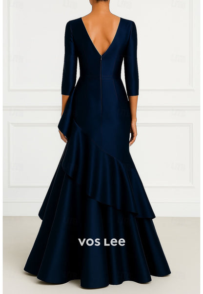Elegant A-Line Floor Length Long Sleeve V Neck Wedding Formal Satin with Pleats Ruffles