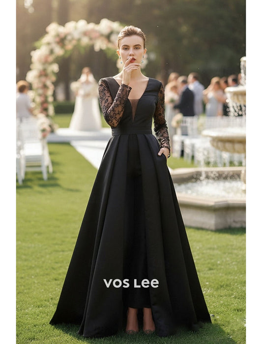 Black Satin Jumpsuit Gown with Lace Sleeves | Wedding Guest & Formal Evening Attire