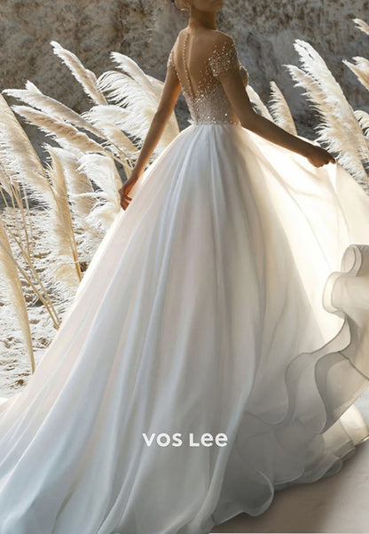 A-Line Sweetheart Sequins Beading Embellished Wedding Dresses with Court Train