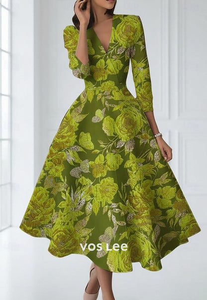 A-Line Ankle Length Floral 3_4 Length Sleeve V Neck with Floral Print