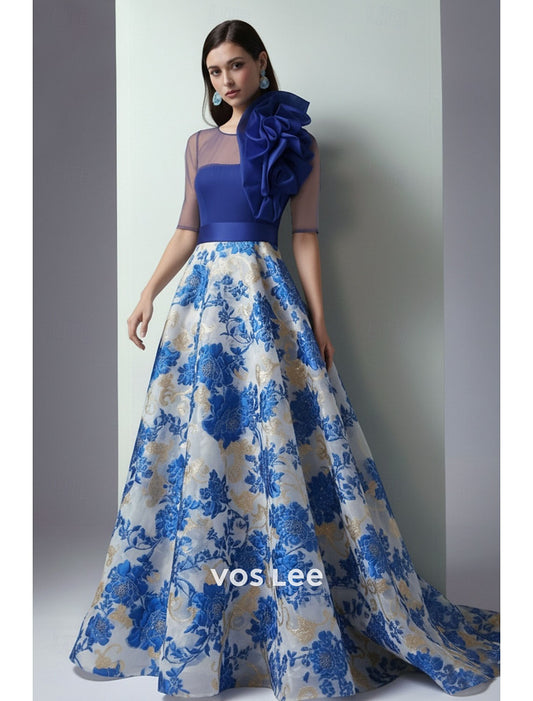Luxury Floral A-Line Prom Dress | One Shoulder Sheer Sleeve Gala Gown