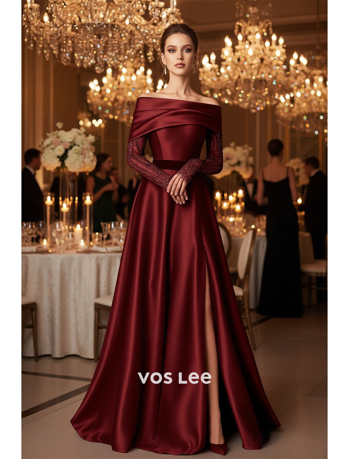 Burgundy Off-the-Shoulder Satin Ball Gown | Long Lace Sleeve High Slit Formal Evening Dress
