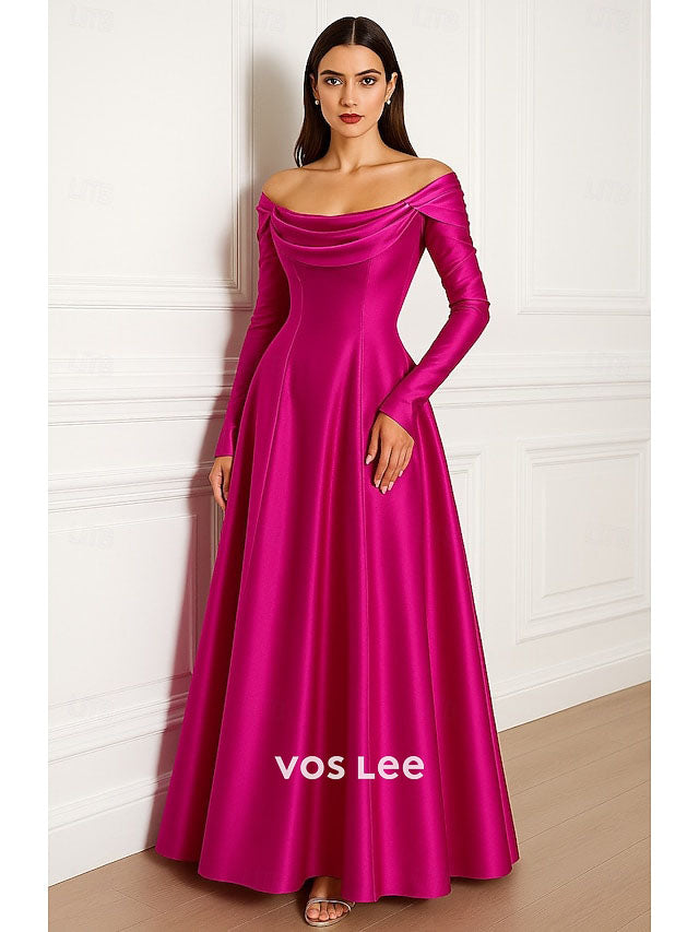 Fuchsia Off-the-Shoulder Satin A-Line Gown | Long Sleeve Formal Evening Dress