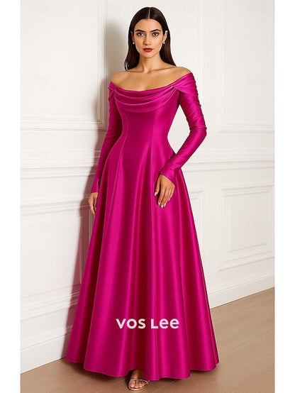 Fuchsia Off-the-Shoulder Satin A-Line Gown | Long Sleeve Formal Evening Dress