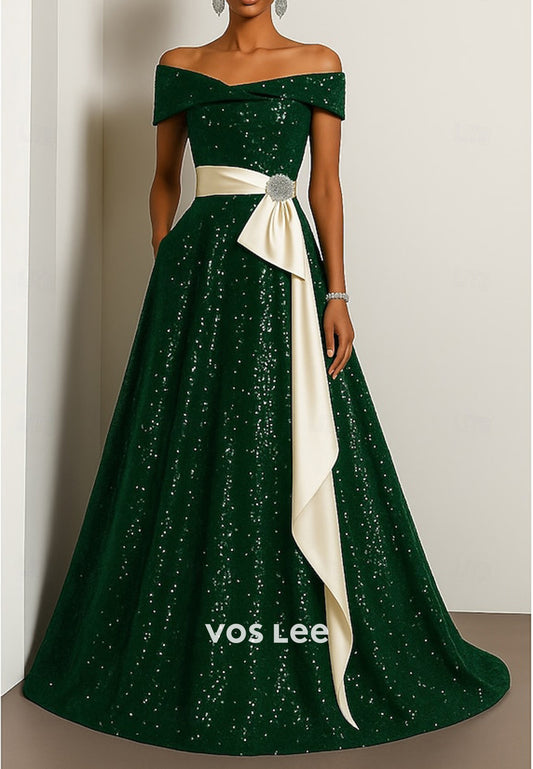 Fully Sequined A-Line Off the Shoulder Rhinestone Evening Dresses