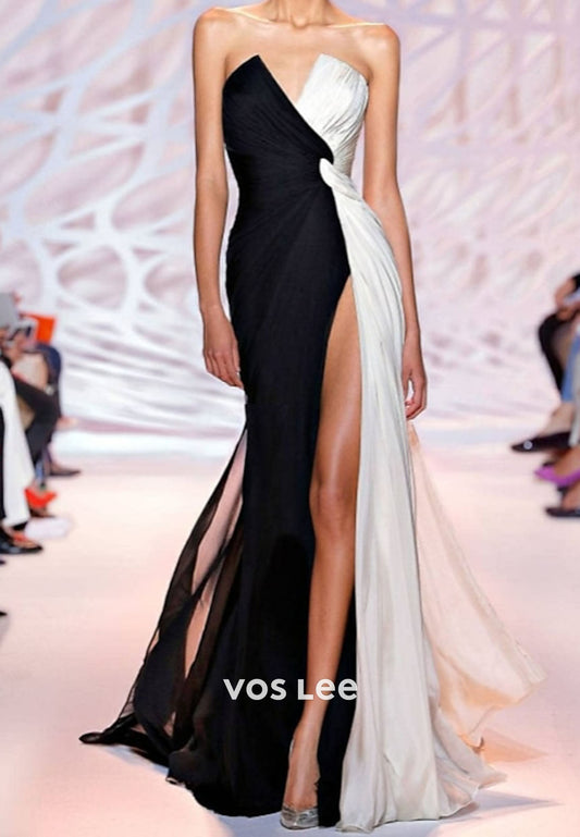 Sweetheart Color blocking Split Evening Dress Chiffon Sheath Formal Gowns