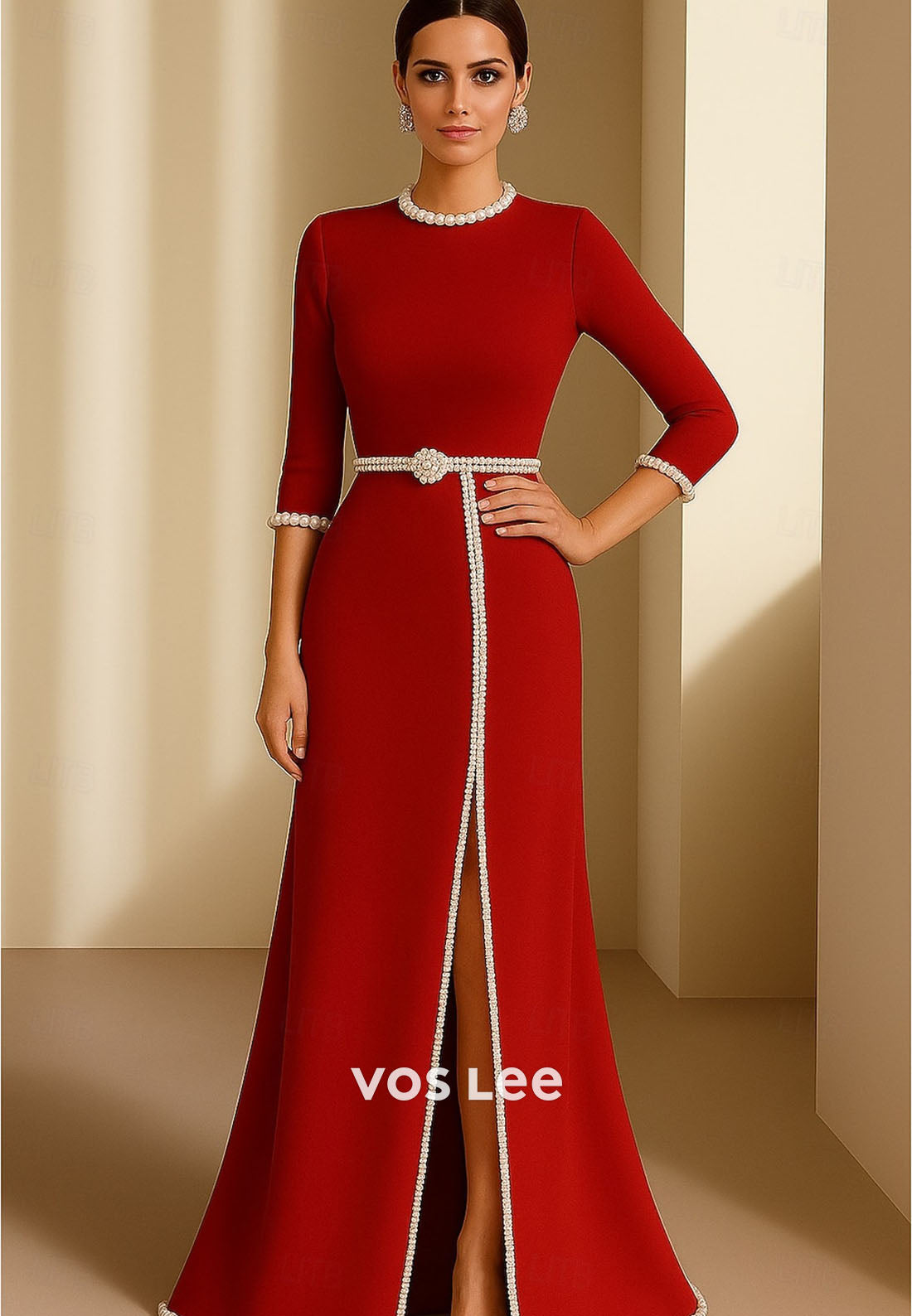 Elegant Red Mother of the Bride Dress | Pearl Trimmed Formal Gown with Slit