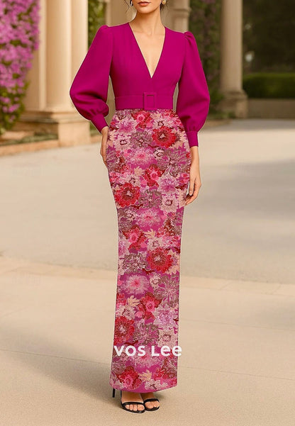Elegant V-neck Long Sleeves Beading Flowers Sheath Evening Dress Formal Dress