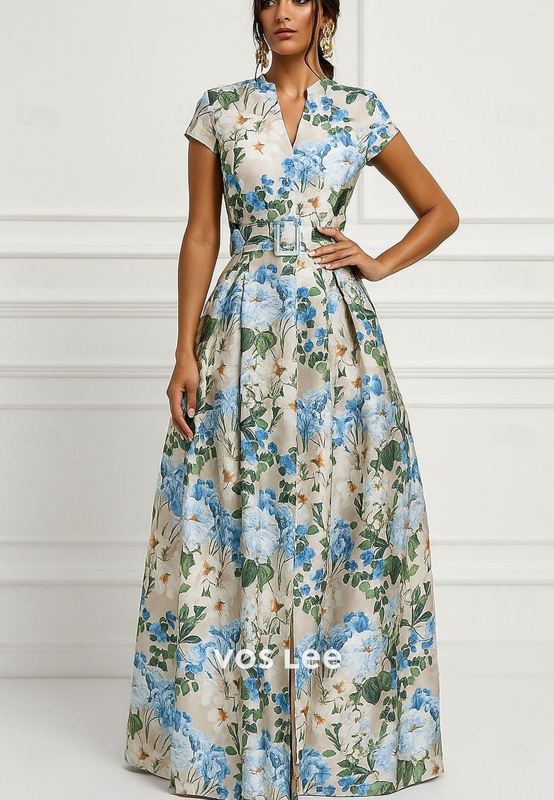 Elegant Floral Print  Vintage Short Sleeve A-Line Floor Length Evening Gown Formal Dress