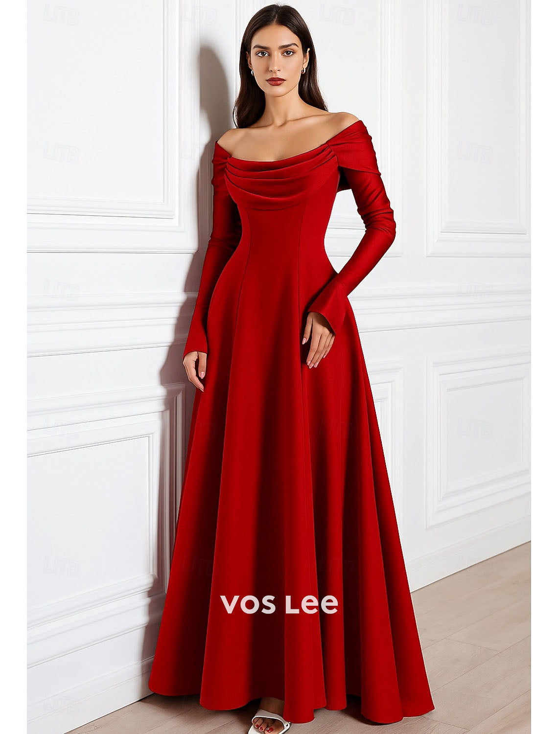 Fuchsia Off-the-Shoulder Satin A-Line Gown | Long Sleeve Formal Evening Dress