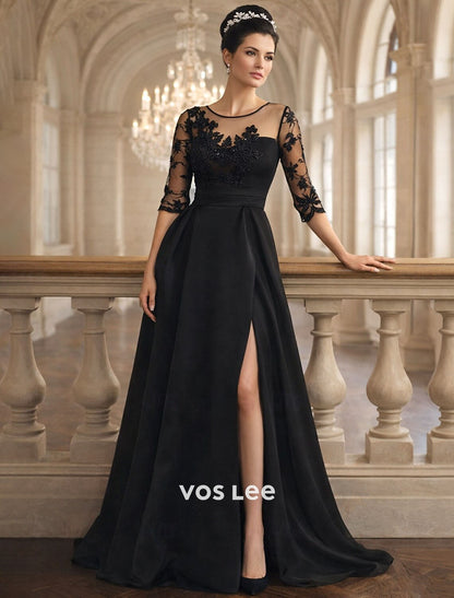 Elegant Black Formal Gown | Sheer Lace Bodice Satin Skirt with High Slit Wedding Guest & Gala