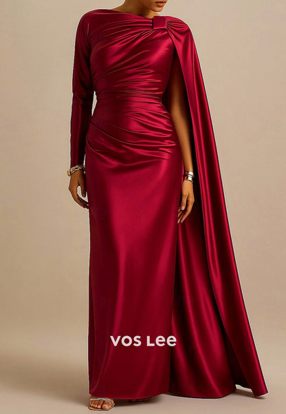 Burgundy Asymmetrical Neck Long Sleeve Pleated Mermaid Evening Dresses