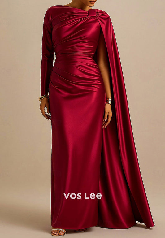 Burgundy Asymmetrical Neck Long Sleeve Pleated Mermaid Evening Dresses