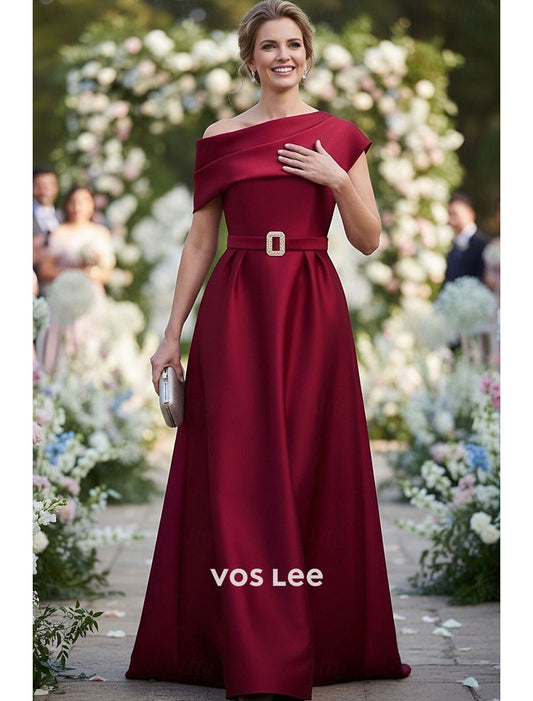 Elegant Red Satin Evening Gown | Off-the-Shoulder Belted Dress for Wedding Guests & Special Occasions