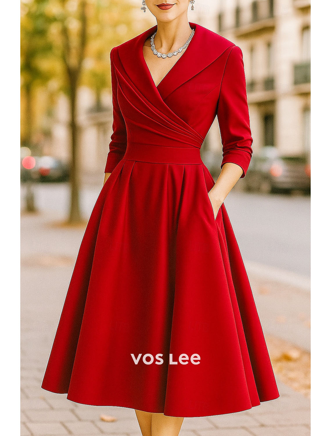 Red Fit-and-Flare Midi Dress | Shawl Collar 3/4 Sleeve Formal Dress with Pockets