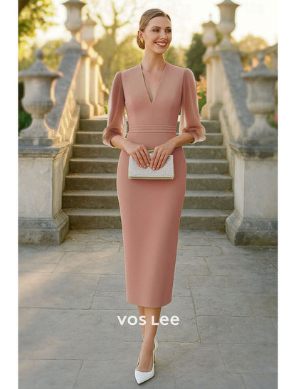 Lavender Sheath Wedding Guest Dress V-Neck Sheer Chiffon Sleeve Midi Dres