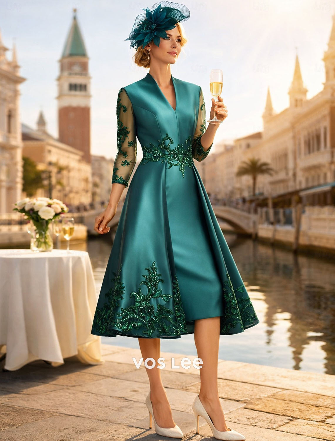 Burgundy Satin Mother of the Bride Dress with Lace Appliques | Tea-Length V-Neck Formal Gown